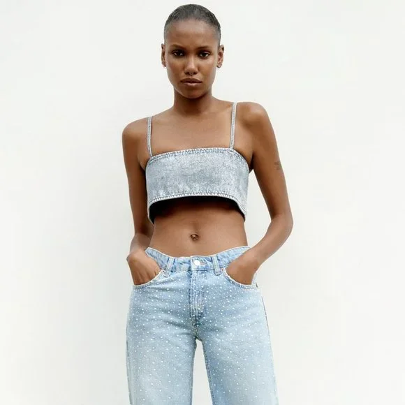 🆕 ZARA DENIM CROP TOP WITH RHINESTONES | ZARA DENIM - Picture 5 of 12